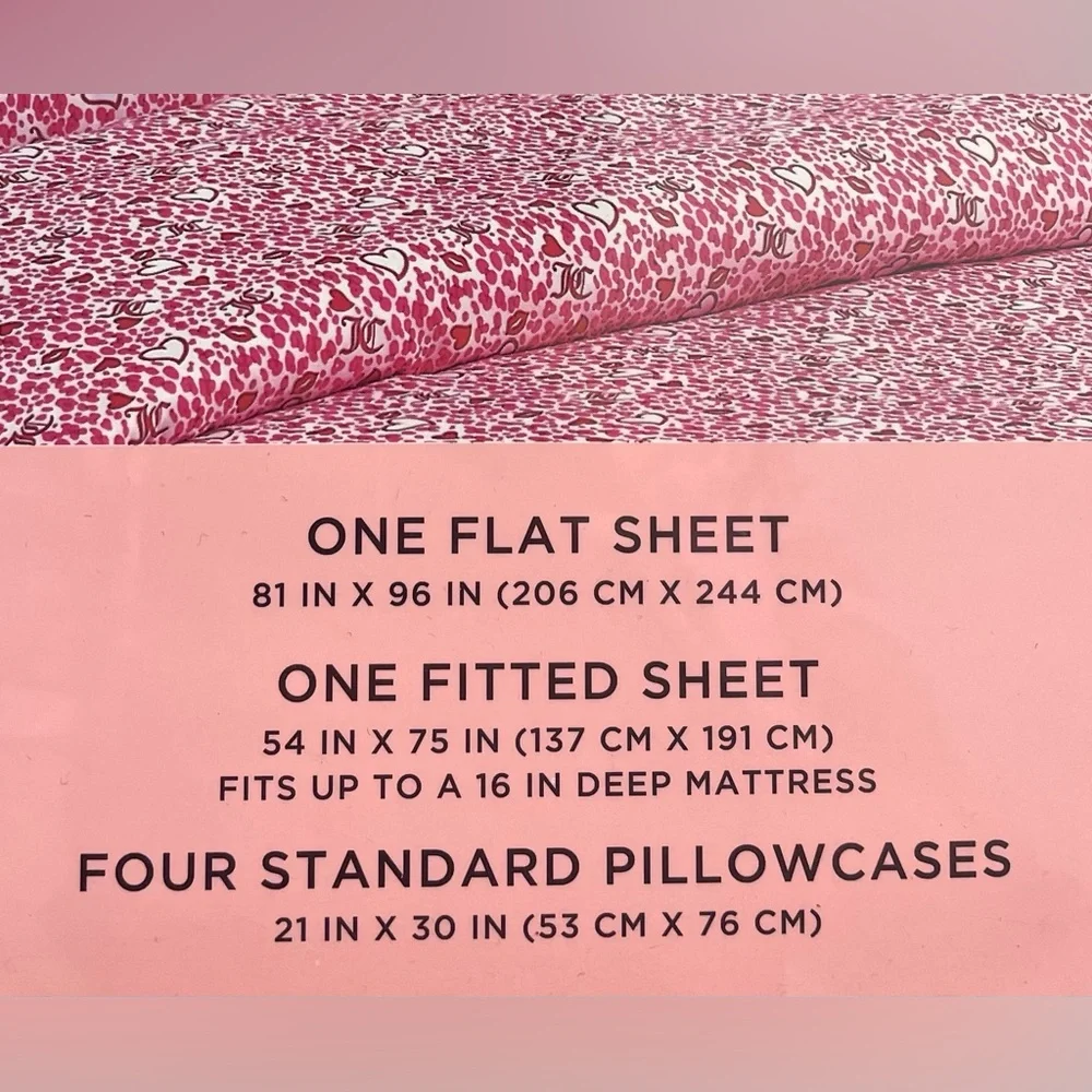 Juicy Couture 6pc DP Full Sheet Set White Red Pink Hearts Lips 4 Pillowcases NIP